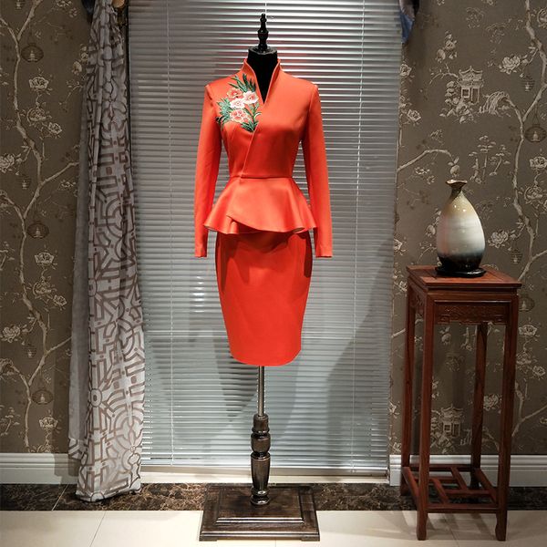 

new professional skirt suits uniform embroidered two-piece set blazer & suits high end luxury office lady clothes orange color, White;black