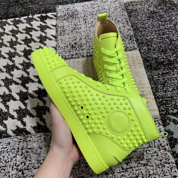 

elegant fluorescent green leather high red bottom shoes men women's flat red sole sneaker mens studded spikes shoes with box, Black