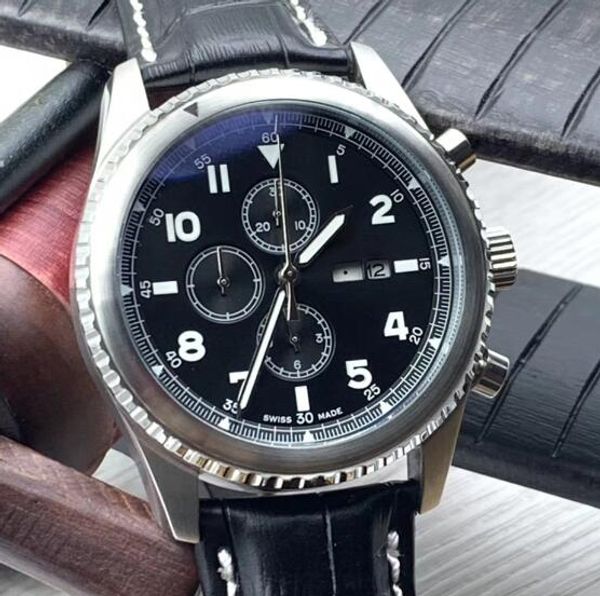 

pilot watch style aviator 8 day date mens watches chronograph quartz date black dial wristwatches with black leather strap, Slivery;brown