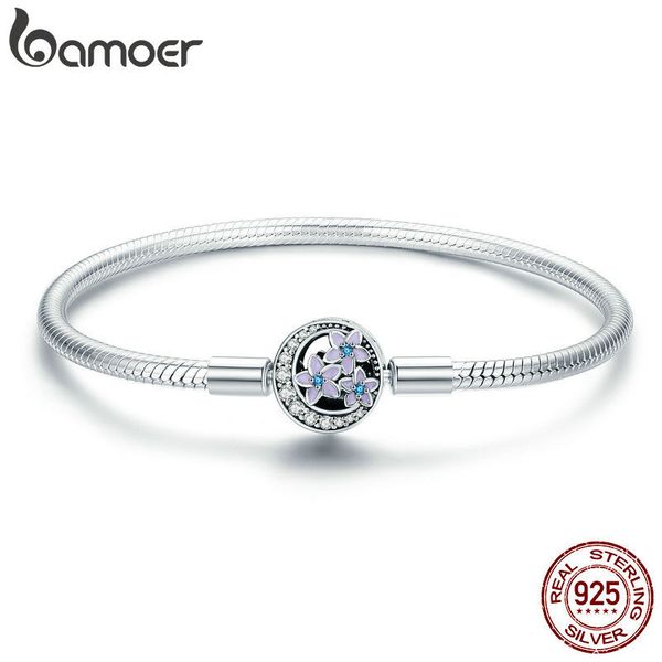 

bamoer 100% 925 sterling silver spring flower and luminous moon clasp snake chain bracelet sterling silver jewelry s925 scb068 j190704, Golden;silver
