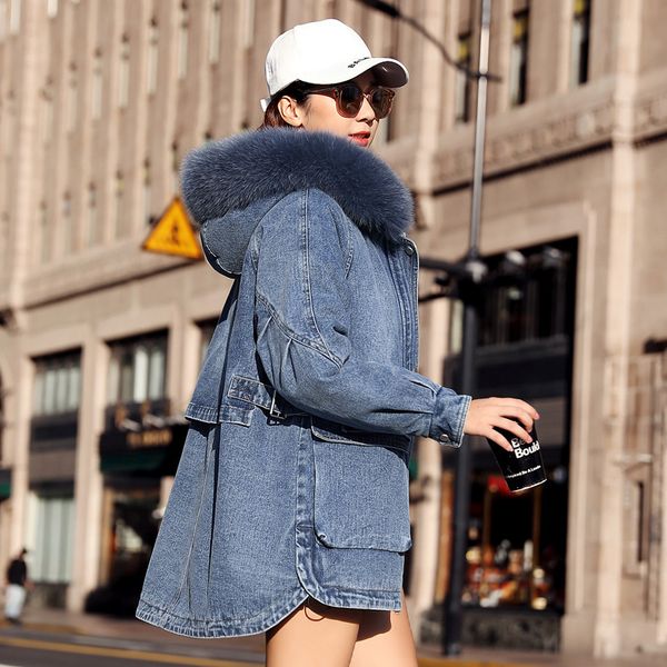 

2019 winter large fur collar hooded cowboy cotton-padded clothes women's faux lambswool loose-fit jeans coat fashion ysxy6035, Blue;black