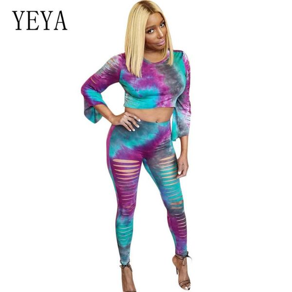 

yeya summer casual beach tracksuit ripped tie dye print 2 piece set women short t-shirt + pencil pants female vestidos, White