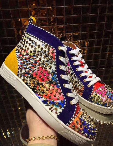 

2019 suede spiked toe fashion designer high red bottom sneaker casual shoe man woman outdoor lace up party shoes casual patchwork flat, Black