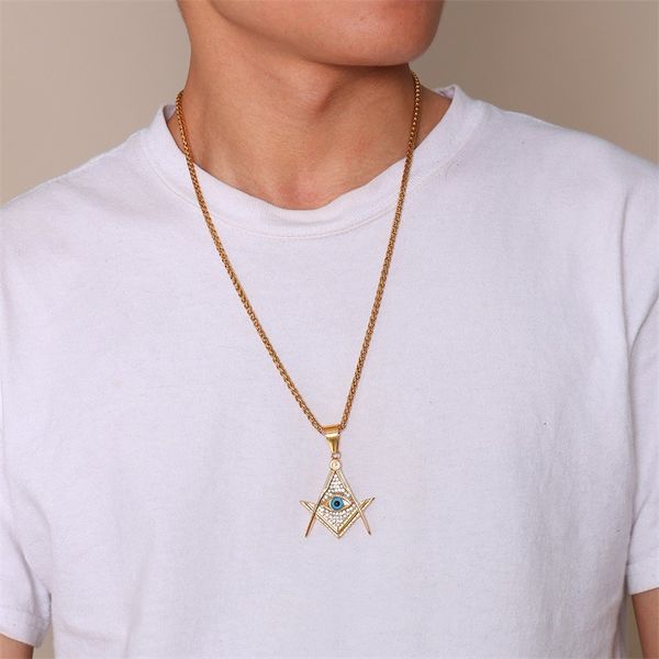 

necklace mens stainless steel evil eyes fashion gold chain necklace large pendant hip hop crystal necklaces jewelry on the neck, Silver