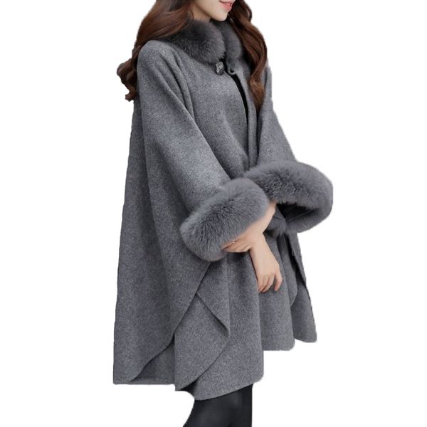 

autumn winter basic coats wool blend coat women elegant casual clothes casaco feminino loose fur collar long ponchos tweed capes, Black