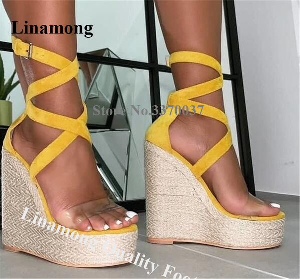 

linamong fashion women open toe pvc strap high platform wedge sandals suede leather straps cross straw bottom wedges dress shoes, Black