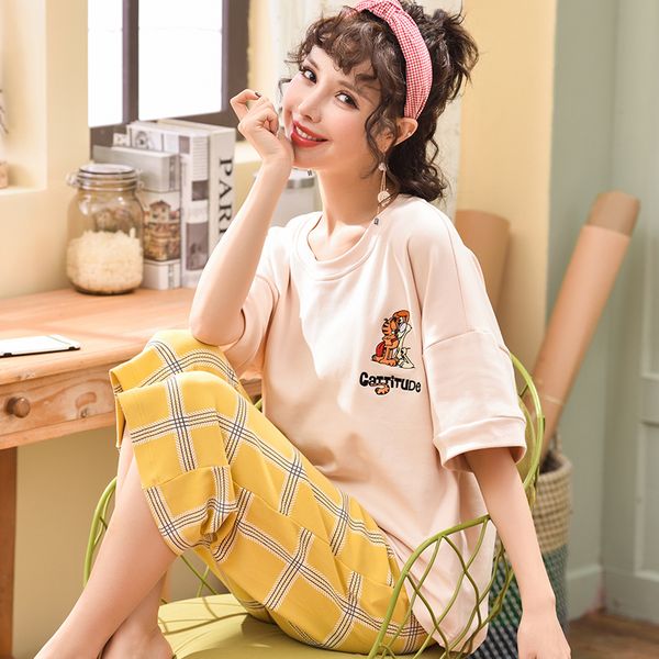 

big yards -xxl summer pijama feminino fashion 100%cotton women pajamas short sleeve printed casual tracksuit cute pyjama femme, Blue;gray