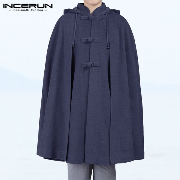 

vintage men cloak coats hooded cape solid color loose ponchos 2020 button fleece casual mens trench streetwear jackets incerun, Tan;black