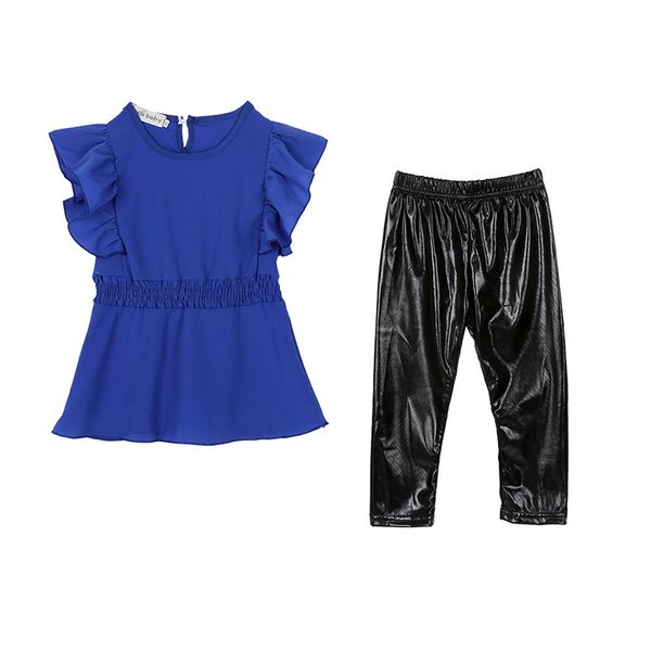 

trendy kid girls set blue dress+black leggings clothing new clothes children suit shirt, White