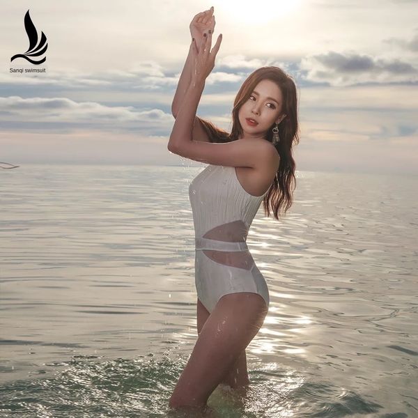 

black and white one-piece women's swimsuit conservative triangle slim belly-covering sports spring women's swimsuit, White;black