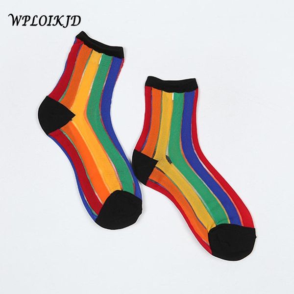 

wploikjd]fashion transparent striped rainbow glass bright silk women socks harajuku breathable kawaii calcetines mujer, Black;white