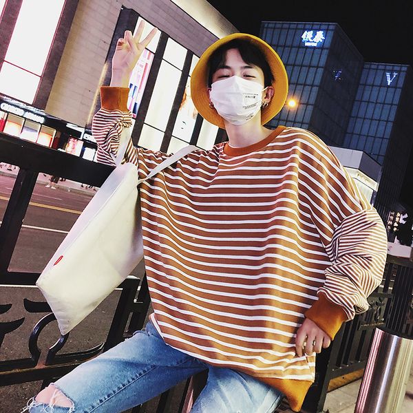 

2019 spring and autumn new hong style striped loose sweatshirt fashion casual youth pullover black khaki / navy blue m-2xl
