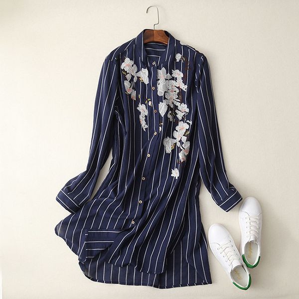 

l508 fashion women spring floral embroidery striped print turn down collar shirt ladies long design navy color blouse blusas, White