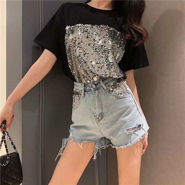 

summer new korean version of the glittering sequins short-sleeved t-shirt female tide design irregular hairy hole denim shorts, White