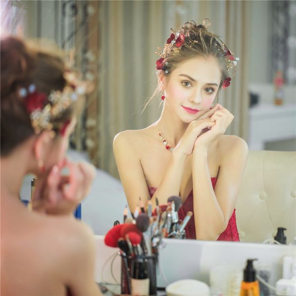 Handmade Red Flower Hair Clips Bridal Wedding Jewelry Set Girls