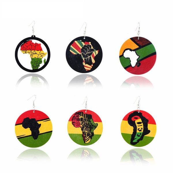 

new design african map wooden earrings dangle printed maps pattern round shape wood eardrop hook pendant earring women jewelry gifts, Silver