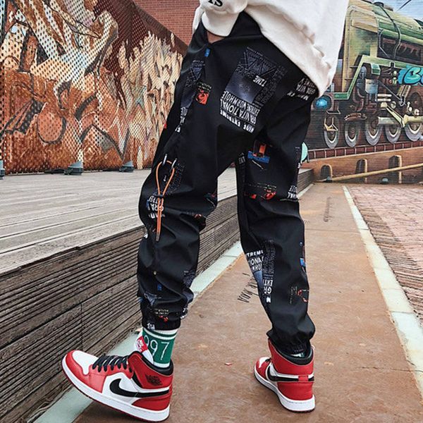 

hip hop pants men loose joggers print streetwear harem pants clothes ankle length trousers, Black
