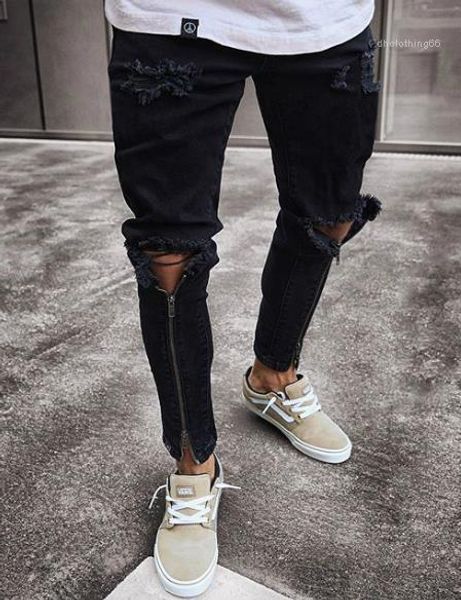 

represen pencil pants mens hole out jeans mens zipper holes designer jeans black ripped slim fit, Blue