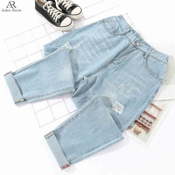

yosunl women's jeans ripped for women high waist plus size elastic softener loose denim calf-length pants 4xl 5xl, Blue