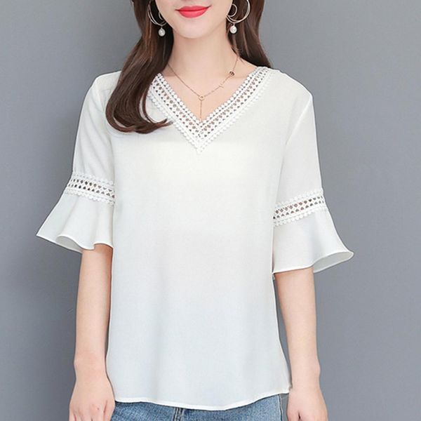 

women flare sleeves chiffon blouses summer short sleeve chiffon shirts v-neck solid 2019 ladies office white blouse #20