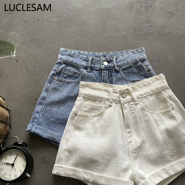 

korean style womens short jeans slim fit high waist jeans casual wide leg pants 2020 summer fashion denim shorts white blue s-xl