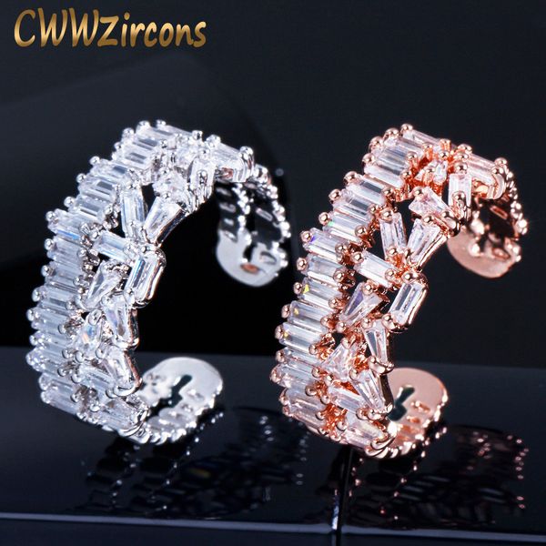 

cwwzircons fashion brand rose gold cz adjustable ring sparkling cubic zirconia setting wide cuff open rings for women r114, Golden;silver