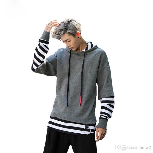 

harajuku pattern printed black white striped patchwork fake two pieces mens hoodie men hip hop swag male sweatshirt