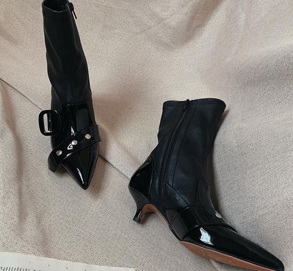 

spring fall womens ladies black patent neon green real leather pointed toes kitten heels knot buckle strap short boots