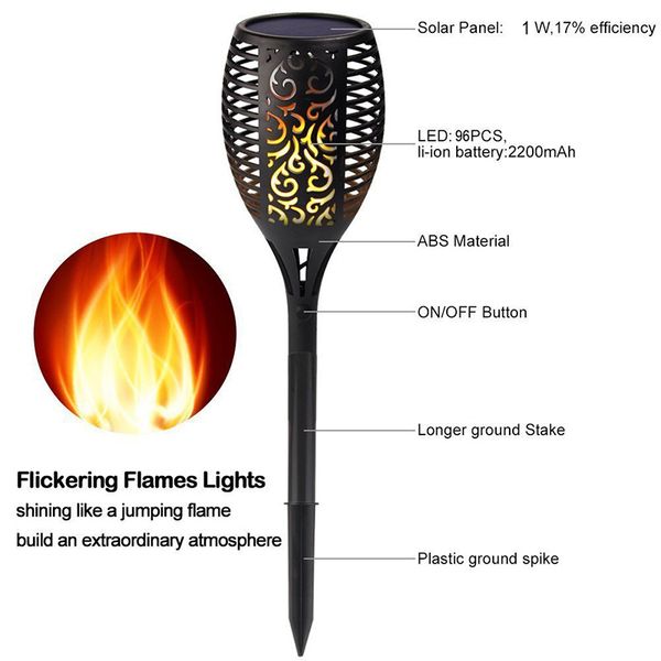 

96 LED Solar Flame Flickering Lawn Lamp Torch Light LED Dancing Flame Lights Waterproof Outdoor Garden Landscape Decoration Lamps