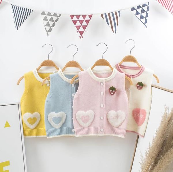 

5pcs/lot 80-120 2020 children's clothing love heart badge sweater kids baby girls candy knitting vest cute sleeveless outwear, Blue