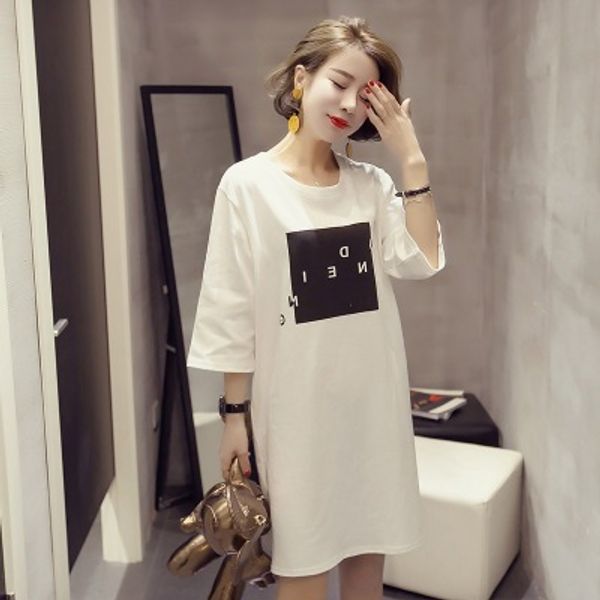 

summer women's korean version short-sleeved t-shirt women's students medium - length dress blouse, White