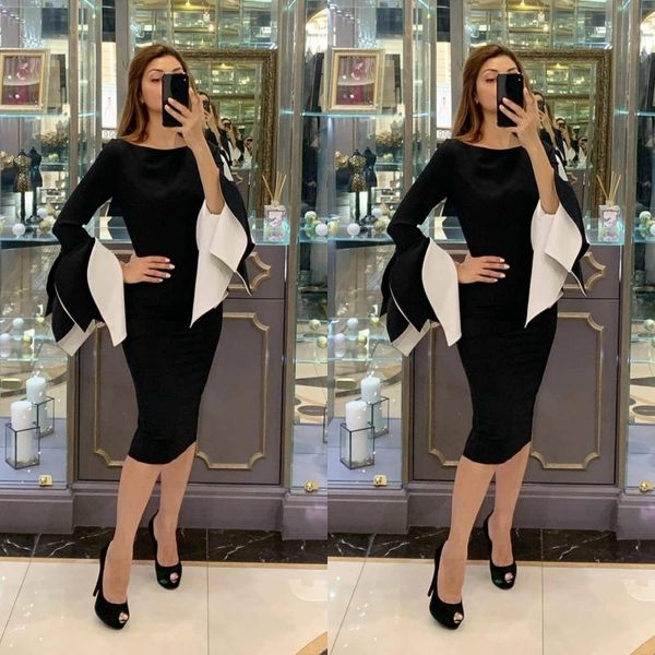 

scoop neck long sleeve black cocktail dresses tea length satin short prom dresses custom made robes de cocktail