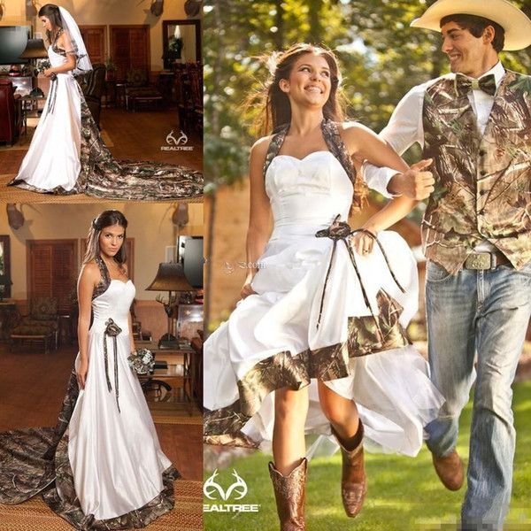 

elegant camo country wedding dresses a line halter taffeta camouflage wedding dress with court train cowboy girl outfits gothic bridal gowns, White