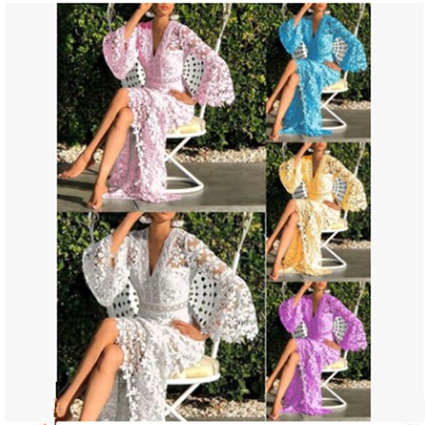 

2020 party evening gown women dresses white lace beach long dress cover up robe v-neck hollow out long sleeve plus size, Black;gray