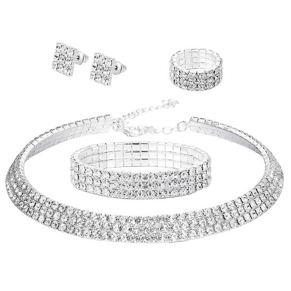 

rhinestone jewelry set women's crystal bracelet necklace and earring set adjustable 4-piece, Silver