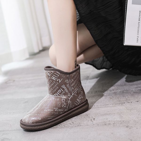 

2019 winter women graffiti plush lining waterproof transparent fabric snow boots flat with black/brown emu boots cotton shoes