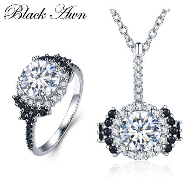 

black awn] 925 sterling silver fine jewelry sets trendy engagement necklace for women wedding ring pr021