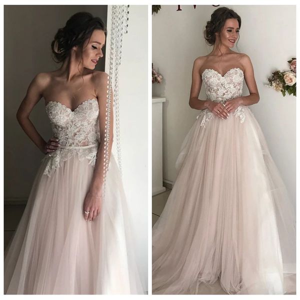 

милая baby pink vintage свадебные платья 2019 с sash кружева аппликациями с водопадом тюль юбка-line свадебное платье одеяния de mariage, White