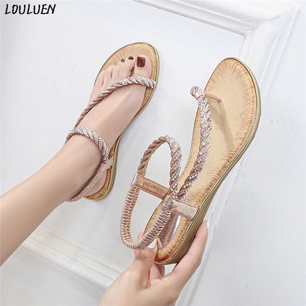 

sandals louluen 2021 summer bohemian zapatos mujer women ladies crystal casual wedges elastic band beach shoes roman, Black