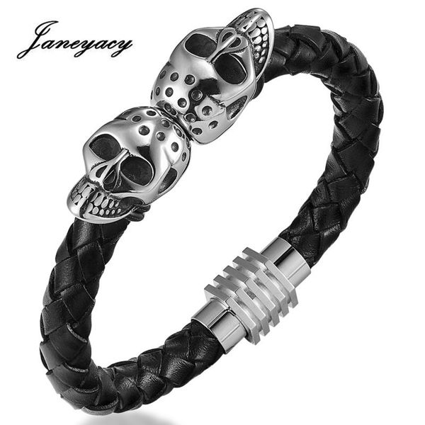 

janeyacy new genuine leather skeleton skull stainless steel bracelets jewelry men's bracelet gift for boy, Golden;silver