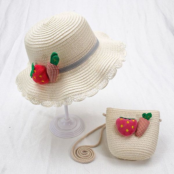 

summer child baby girls straw woven sun hat with portable handbag pouch cute cartoon pompom sunscreen beach cap, Yellow
