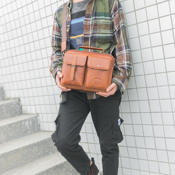 

2019 new solid color leather zipper briefcase men handbag crossbody bags men's business shoulder messenger bag