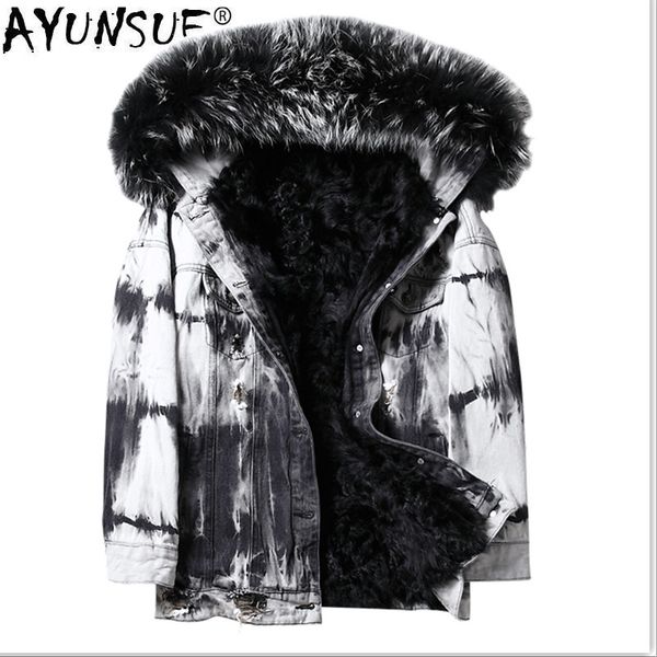

ayunsue мужская шуба parka real енот меховым воротником зимняя куртка мужчины шерсти liner джинсовые куртки плюс размер ветровки hombre kj14, Black