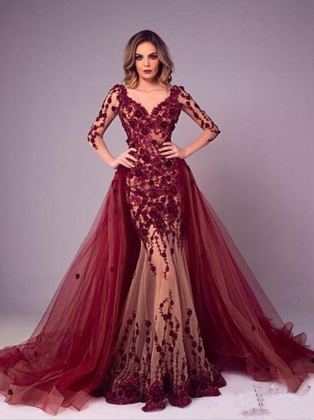 

тони chaaya 2020 вечерние платья со съемными поезда burgundy lace аппликация русалка пром платья плюс размер с длинным рукавом luxury party, Black