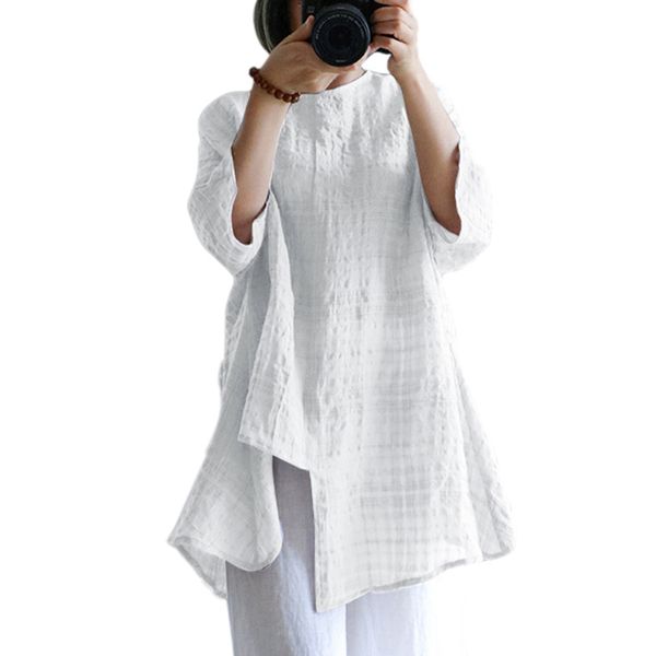 

vintage women loose plaid dress long blouse irregular hem 3/4 sleeves o-neck plus size casual baggy straight mini dresses white