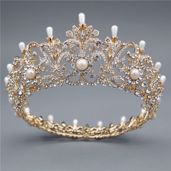 

baroque vintage bridal crown for women headband rhinestone pearls flower headdress wedding hair circle tiaras and crowns, Golden;white