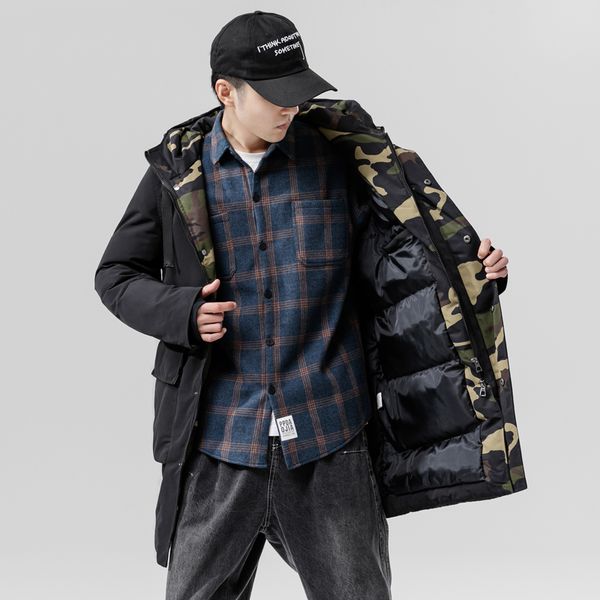 

winter new original loose large size thick warm windbreaker men's jacket windproof camouflage hooded long cotton coat, Black