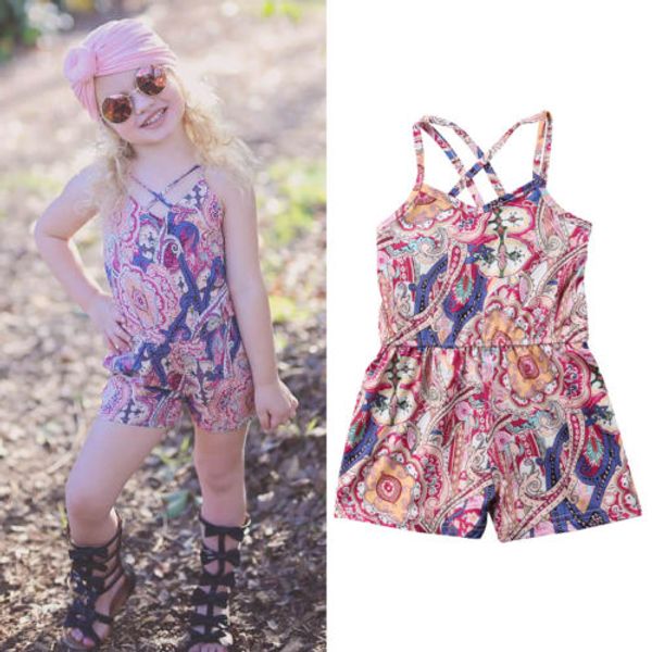 

newborn infant toddler kids baby girl floral sleeveless cotton print v-neck romper jumpsuit suspender summer clothes set 1-6y, Blue