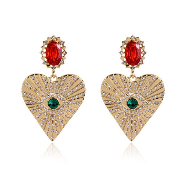 

high-quality baroque retro luxury big peach heart red green crystal rhinestone temperament evil eyes earrings for chic lady, gift for girls, Black;brown