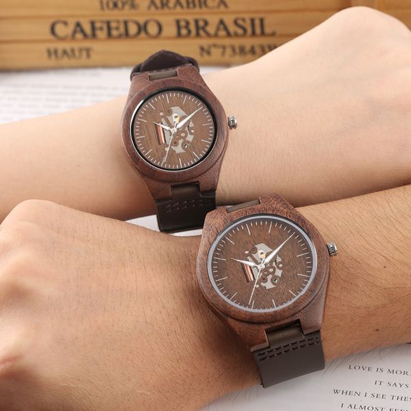 

lovers gifts walnut wood watch retro stripe men's skeleton hollow dial luxury leather band creative wooden watches for men women, Slivery;brown